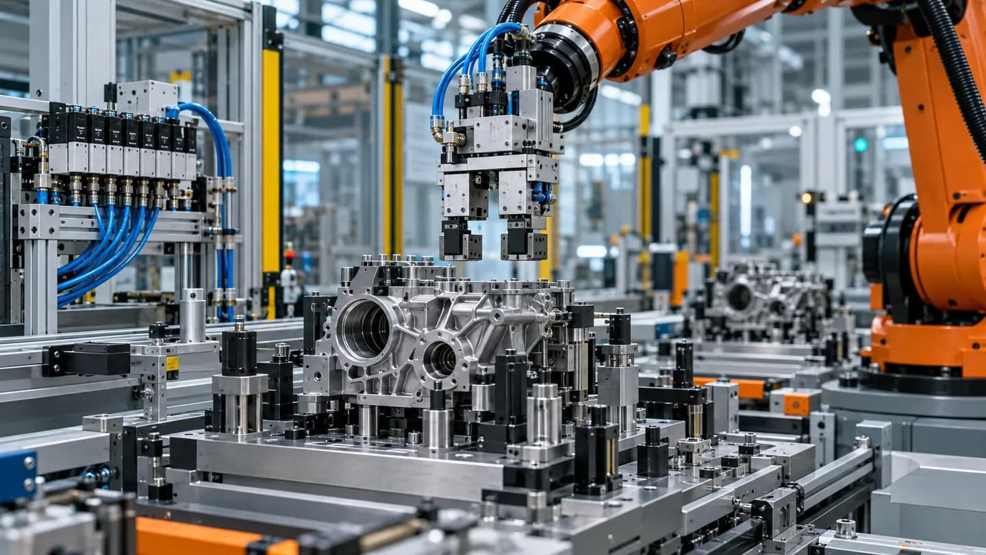 Pneumatic gripper tooling at an automotive component assembly station