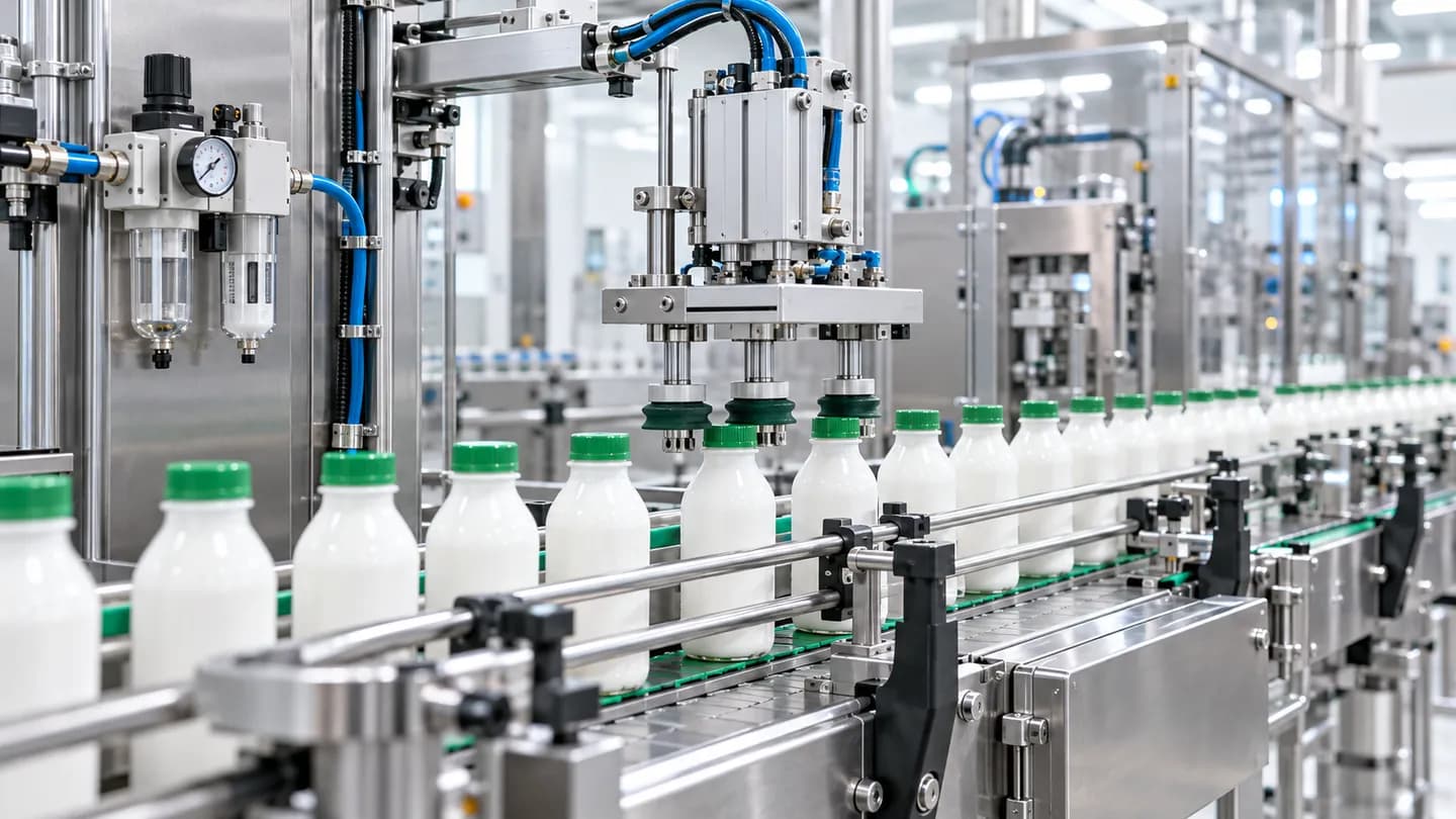 Pneumatic automation equipment on a clean beverage production line