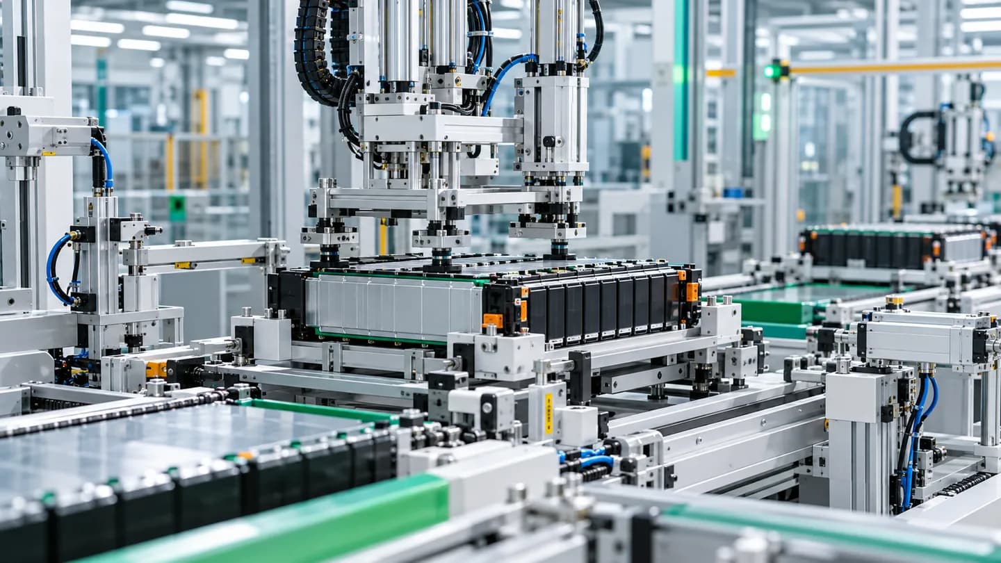 Automated battery module production line with pneumatic handling equipment