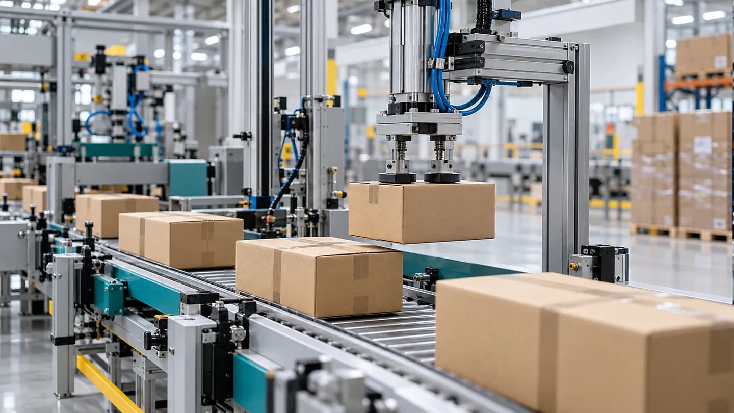 Pneumatic gripper handling cartons on a packaging conveyor