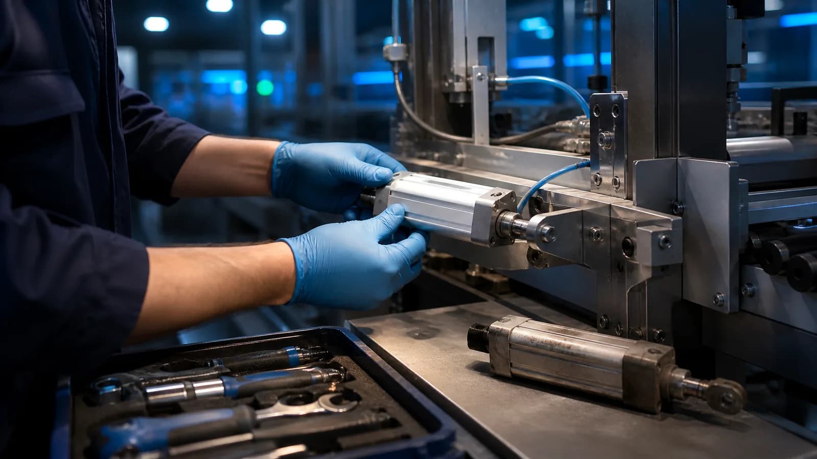 Technician replacing a pneumatic cylinder on a packaging machine