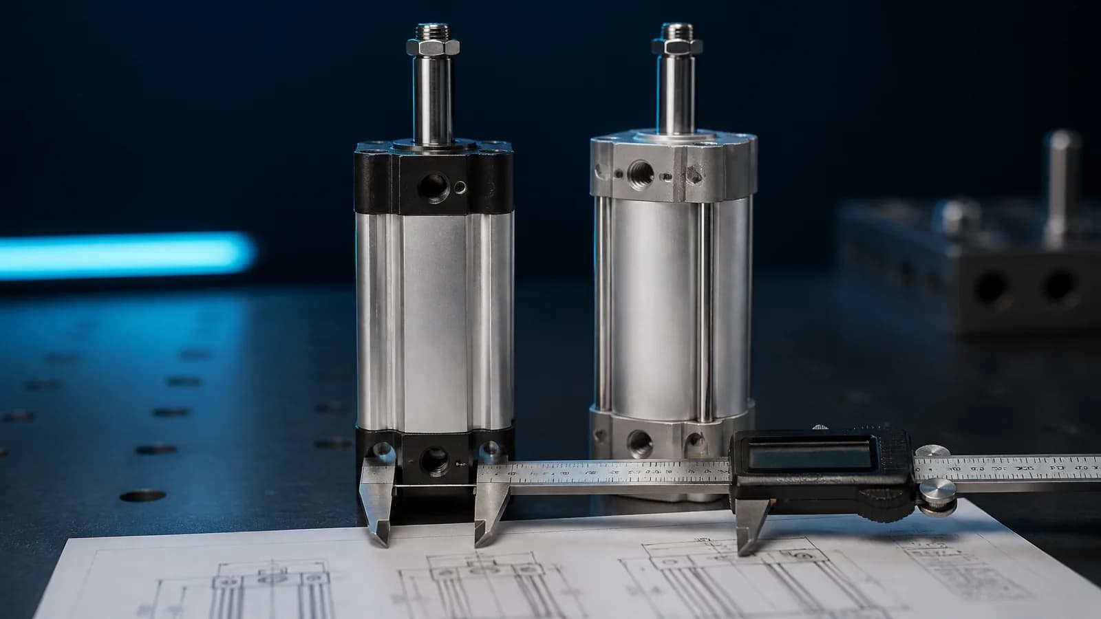 Pneumatic cylinders compared on an inspection bench